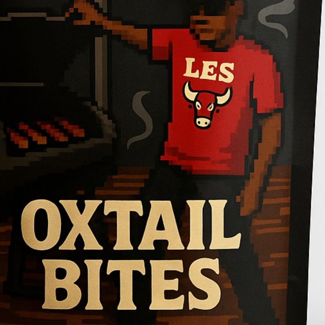 Oxtail Bites pouch with pixel-art pitmaster at the smoker