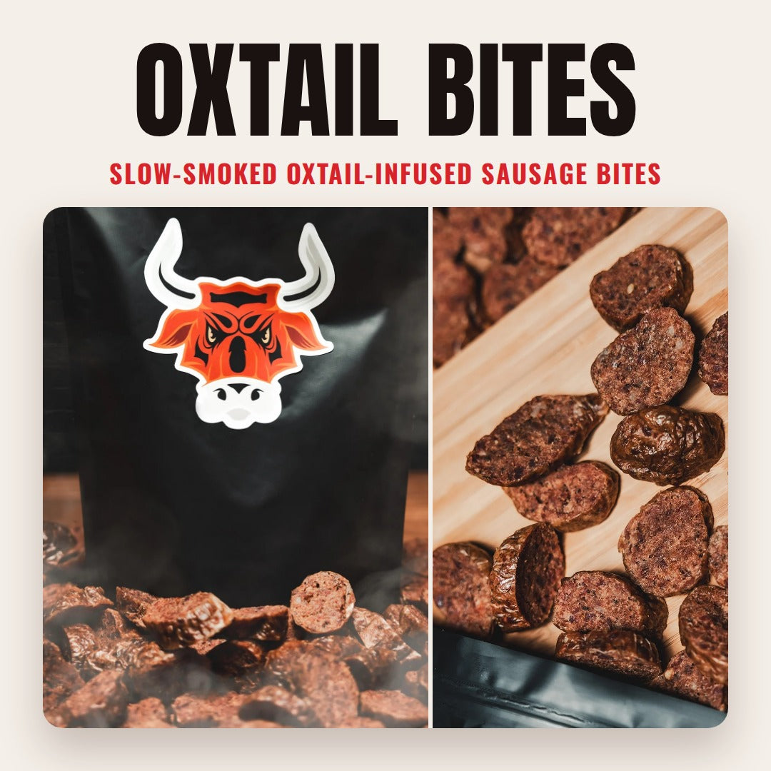 Oxtail Bites by Les BBQ: slow-smoked oxtail-infused sausage bites shown with the pouch